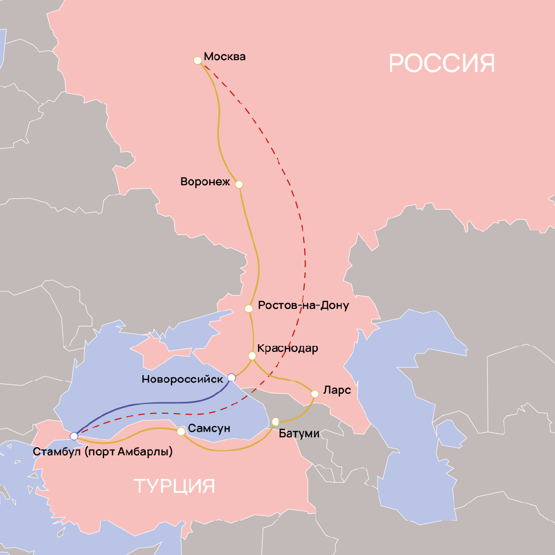 Карта маршрутов доставки из Турции в Россию